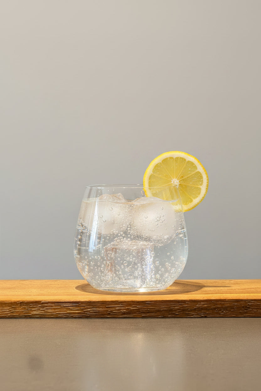 Dryckesglas i kristall med bubbelvatten i, toppad med en citronskiva.