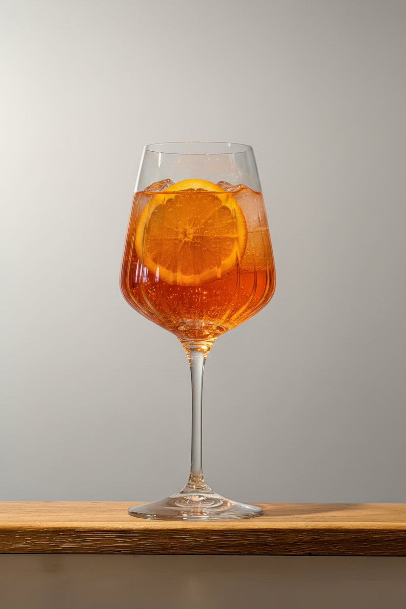 Spritzglas i kristall med aperol spritz i.