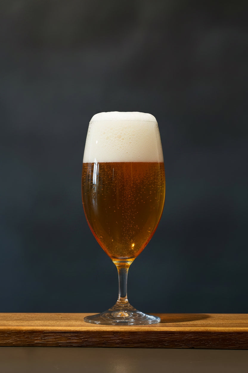 Ölglas på fot i kristall med öl i.