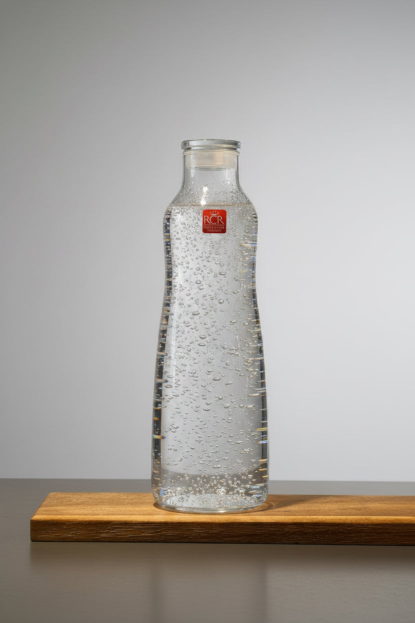 Glasflaska i kristall fylld med mineralvatten. 